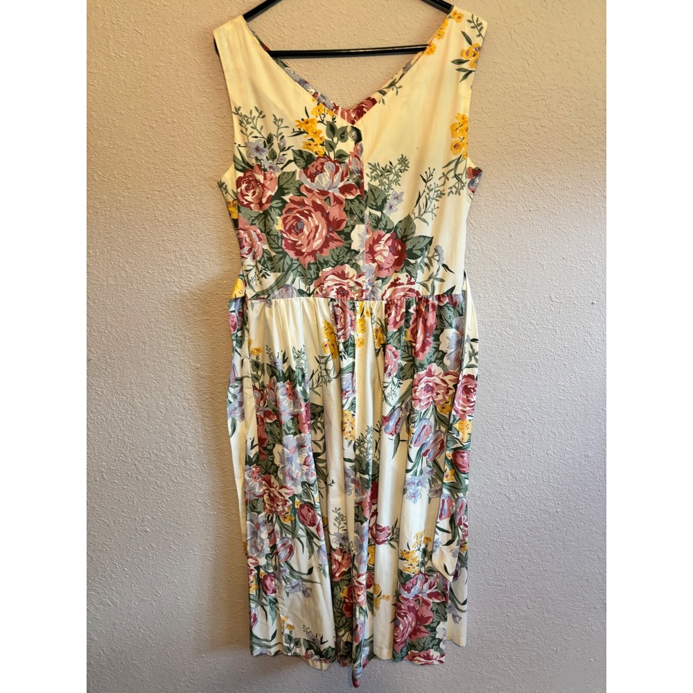 Sunshine Starshine Floral V-Neck Midi Dress Cream Pink Yellow Vintage Sz 14 - Picture 6 of 7